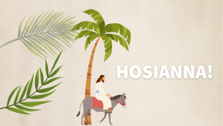 Illustration Jesus auf einem Esel unter einer Palme